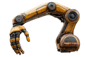 A robotic arm with articulated joints and a detailed design, featuring a yellow and metallic finish, ideal for industrial automation. png
