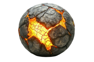 A textured, cracked sphere illuminated by glowing magma, showcasing a dynamic interplay of rock and fire. png