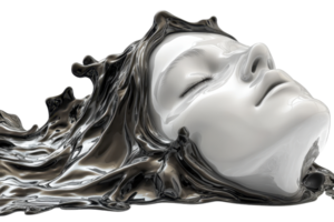 A serene, stylized face with flowing hair appears to merge with a liquid-like texture, evoking a sense of tranquility and artistic elegance. png