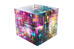 A vibrant, illuminated cube with intricate patterns and colors, showcasing a blend of digital aesthetics. png
