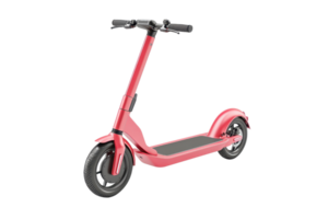 A sleek red electric scooter with a streamlined design, featuring a comfortable standing platform and modern handlebars. png