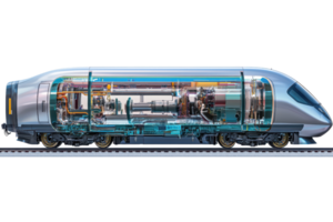 A sleek, modern train design showcasing its internal components and engineering features. png