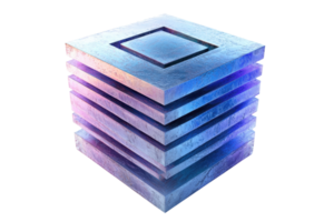 A geometric stack of translucent, layered blocks with a glowing gradient effect, showcasing a modern and futuristic design. png