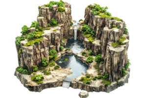 A miniature landscape featuring rugged cliffs, flowing water, and lush greenery, creating a serene natural scene. png