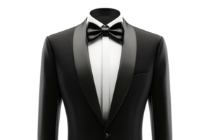 Elegant black tuxedo with a bow tie, showcasing a classic and sophisticated style for formal occasions. png