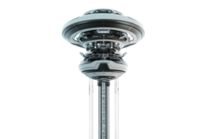A futuristic hovering device with a sleek, circular design, featuring intricate mechanical details and a vertical support structure. png