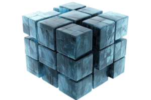 A 3D cube composed of smaller, textured blocks arranged in a geometric formation, exhibiting a cool, bluish tone. png