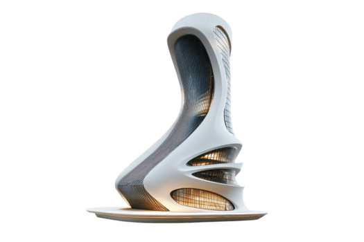 un' futuristico architettonico struttura con fluido forme e illuminato elementi, in mostra innovativo design e moderno estetica. png