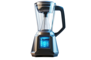 A high-tech blender with a sleek design, featuring a transparent jar and illuminated control panel. png