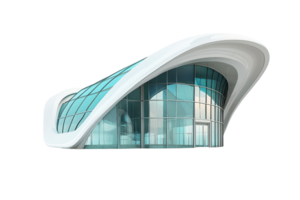 A modern architectural structure with flowing lines, large glass windows, and a distinctive curved roof design. png