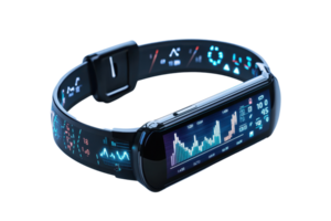 A sleek, futuristic wearable device displaying health metrics and data visualizations on a flexible screen. png