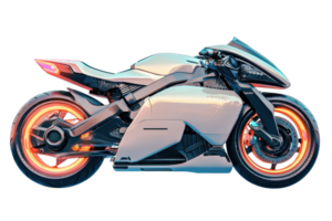 A sleek, futuristic motorcycle with neon accents and a streamlined design, showcasing advanced engineering and modern aesthetics. png
