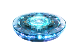 A futuristic disc-shaped object with glowing lights and intricate details, resembling a sci-fi flying saucer. png