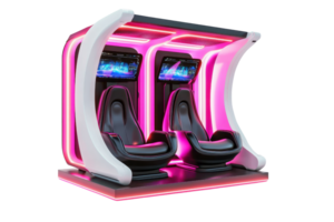 A futuristic dual-seat gaming pod with vibrant pink lighting and screens, designed for immersive entertainment experiences. png