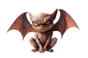 A mischievous-looking creature with bat-like wings, large expressive eyes, and a mischievous grin, poised in a crouching position. png