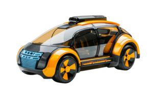 A futuristic car model featuring a sleek design with bright orange and black colors, showcasing innovative features and modern aesthetics. png