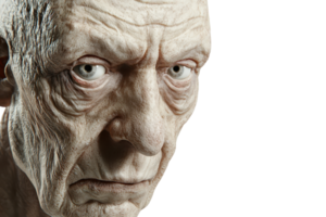 A hyper-realistic portrayal of an elderly man's face, showcasing intricate textures, deep wrinkles, and expressive eyes against a dark background. png
