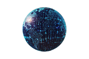 A digital globe displaying intricate data patterns and binary code, symbolizing global connectivity and technology. png