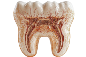 A detailed anatomical representation of a tooth, showcasing its inner structure, including nerves and blood vessels. png