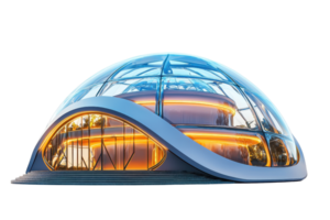 A futuristic dome-shaped structure with large glass panels and warm interior lighting, showcasing an innovative architectural design. png