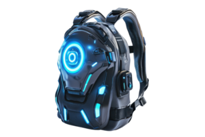 A futuristic backpack featuring glowing blue accents and an illuminated circular design, perfect for tech enthusiasts or gamers. png