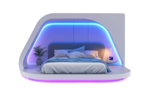 A modern bed design featuring curved lines, blue ambient lighting, and a cozy arrangement of pillows and bedding. png