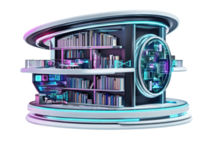 A futuristic library design with shelves filled with books, featuring neon accents and a circular structure. png