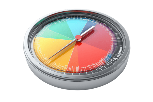 un' colorato ruota indicatore con un' centrale puntatore, in mostra vario segmenti nel vivace tonalità. png