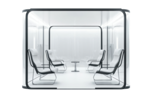 A modern seating area featuring sleek chairs arranged around a central table within a minimalist enclosure. png
