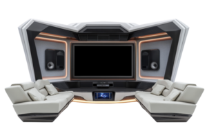 A modern entertainment space featuring a curved sectional sofa, large screen, and integrated audio system, designed for comfort and immersive viewing experiences. png