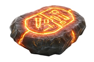 A glowing rock with intricate markings and a molten appearance, showcasing a fiery orange light emanating from within. png