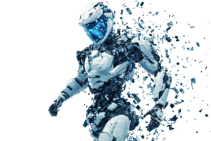 A futuristic robotic figure appears to be breaking apart, showcasing intricate details and a glowing blue visor. png