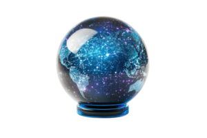 A crystal globe displaying a cosmic map filled with vibrant stars and galaxies, symbolizing the universe's vastness and beauty. png