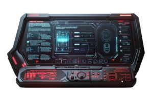 A futuristic control panel featuring glowing interfaces, buttons, and information displays, emphasizing advanced technology. png