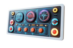 A futuristic control panel featuring various dials, buttons, and illuminated displays designed for advanced technology interfaces. png