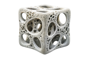 A beautifully intricate, porous cube with multiple openings, showcasing a unique organic design and an interesting texture. png