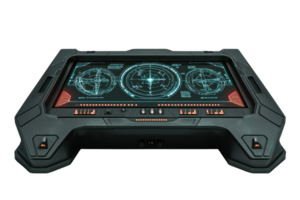 A futuristic control panel featuring digital displays, dials, and buttons designed for advanced technological applications. png