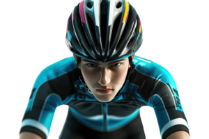 A cyclist in a vibrant blue outfit and helmet, focused and poised for action, embodies determination and speed. png