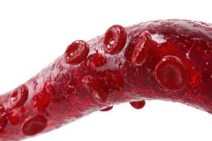 A close-up image of red blood cells along a translucent, fluid-like structure, highlighting their rich color and biological significance. png