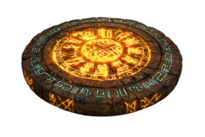 A circular stone artifact illuminated with glowing symbols and intricate designs, suggesting an ancient, mystical significance. png