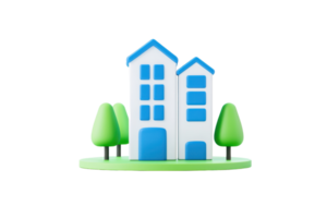 A modern, stylized representation of two buildings with blue roofs, surrounded by green trees on a circular base. png