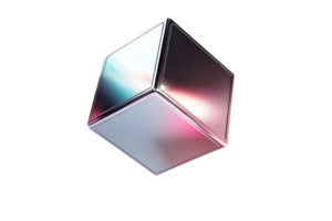 A reflective metallic cube with smooth surfaces, showcasing light reflections and a modern aesthetic. png