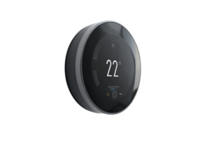 A sleek, modern thermostat displays a digital temperature reading of 22 degrees, showcasing a minimalist design. png