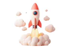 A colorful rocket launching with clouds of smoke, symbolizing adventure and exploration. png