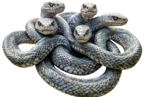 A multi-headed serpent with textured scales coiled together, showcasing an intricate and mythical appearance. png