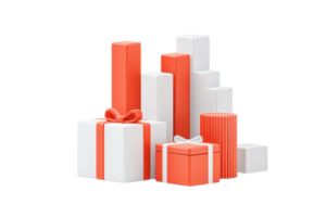 A collection of stacked gift boxes in various sizes, featuring a mix of white and orange colors, elegantly adorned with ribbons. png