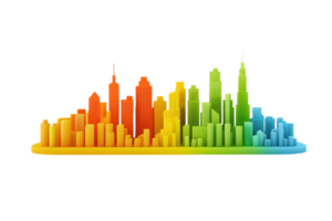 A colorful skyline composed of various building silhouettes arranged in a wave pattern, showcasing a gradient of vibrant colors. png
