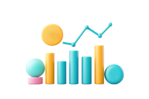 A collection of colorful geometric shapes representing data visualization, including bars and a line graph. png
