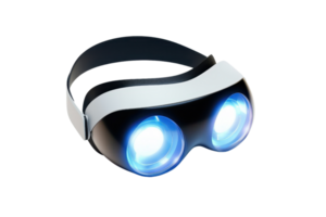 A sleek pair of futuristic goggles featuring bright blue lights, designed for immersive experiences. png