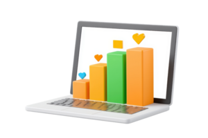 A laptop displaying colorful bar graphs and heart icons, representing data growth and positive metrics. png
